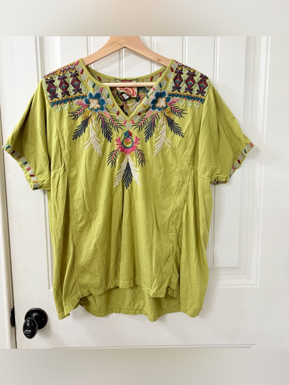 Johnny Was Embroidered V-Neck short sleeved top in Chartreuse